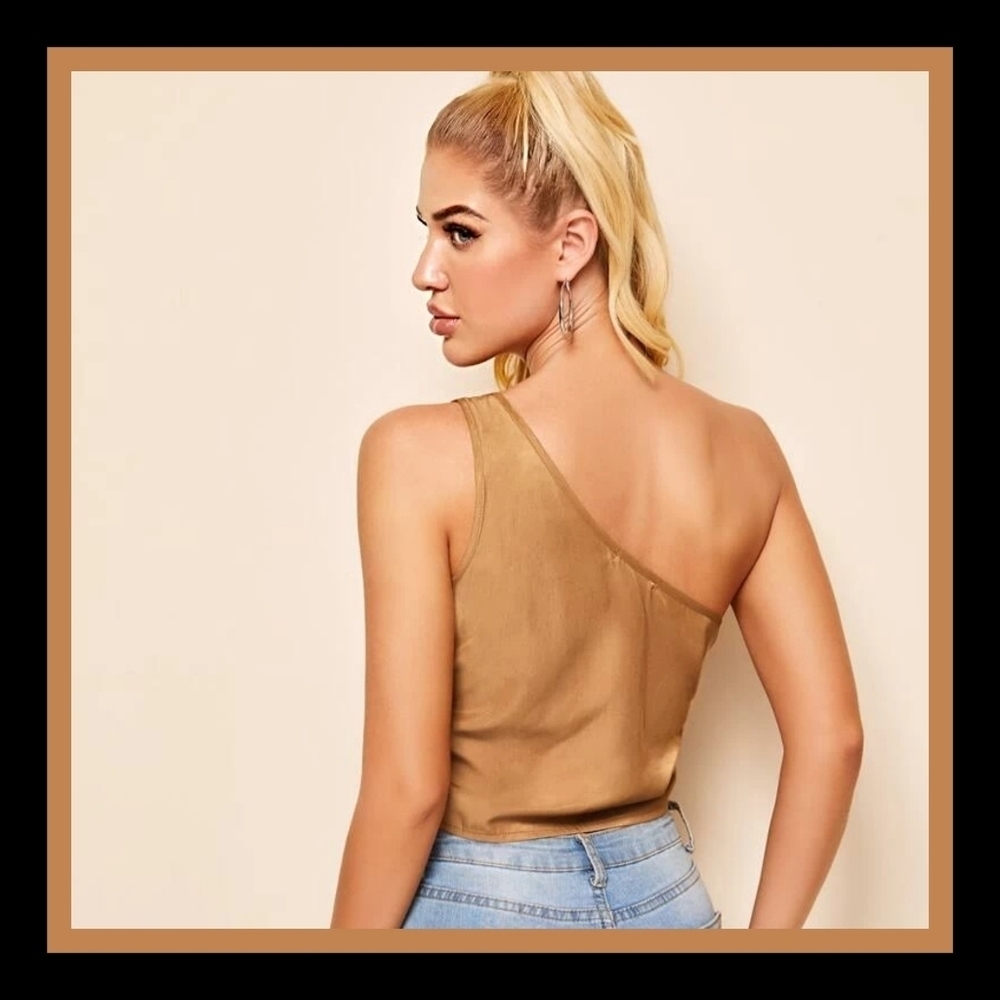 Shein ✦ Satin Gold One-Shoulder Cropped Top ✦ XS Side Zip Asymmetric Silky NWT - Picture 4 of 10